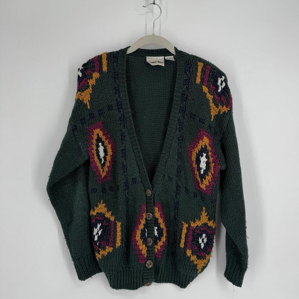 Vintage cardigan sweater womens medium M green embroidered knit grandpa fall
